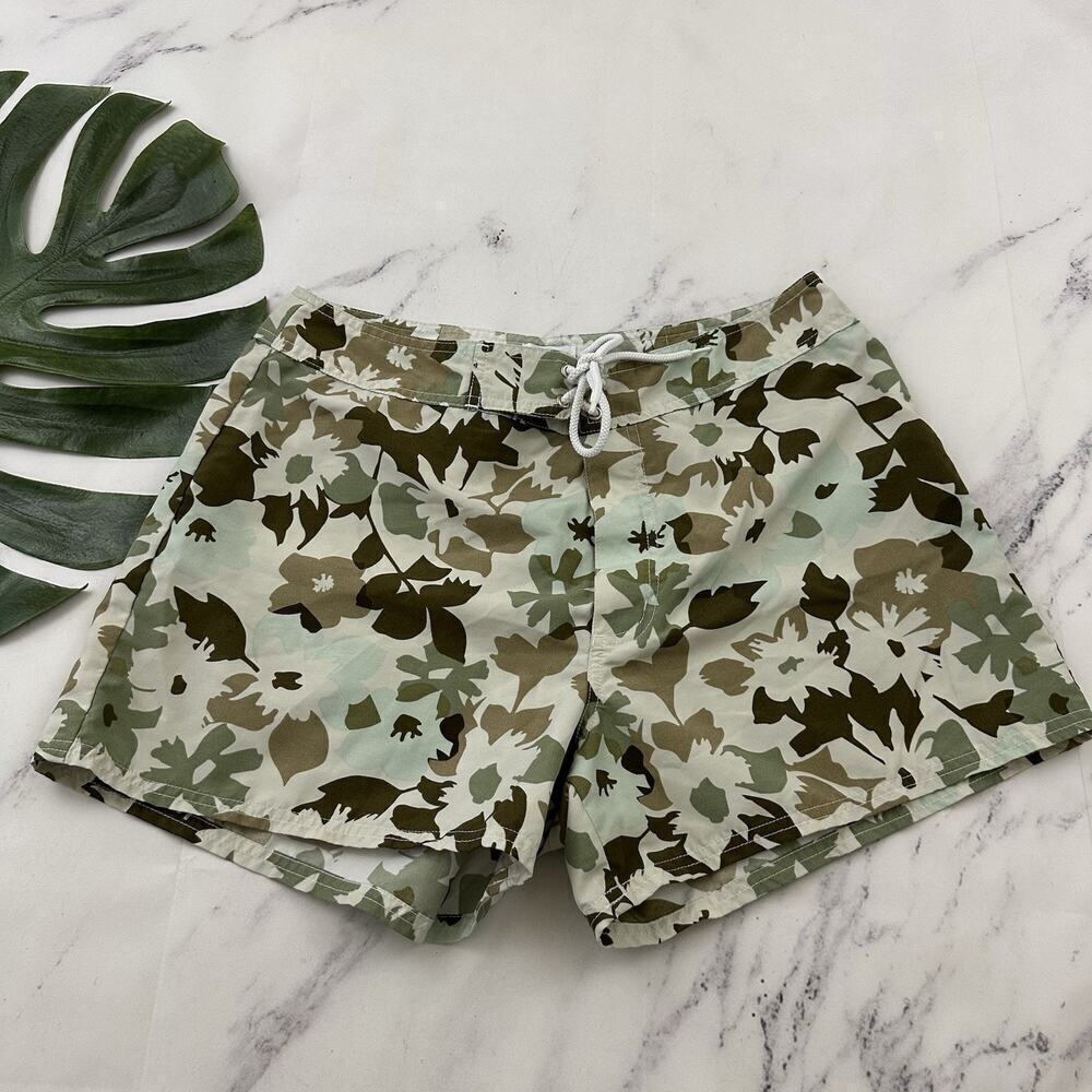 LW Sport Womens Vintage Y2k Board Swim Shorts Size 10 Green Brown Floral